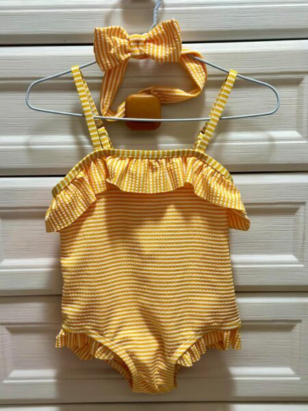 Girls’ Striped One-Piece Swimsuit with Matching Headband – Used Once